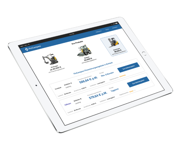 Firmenleasing-3 Tablet mit verschiedenen FinCompare Leasingmöglichkeiten für unterschiedlichen Maschinen.